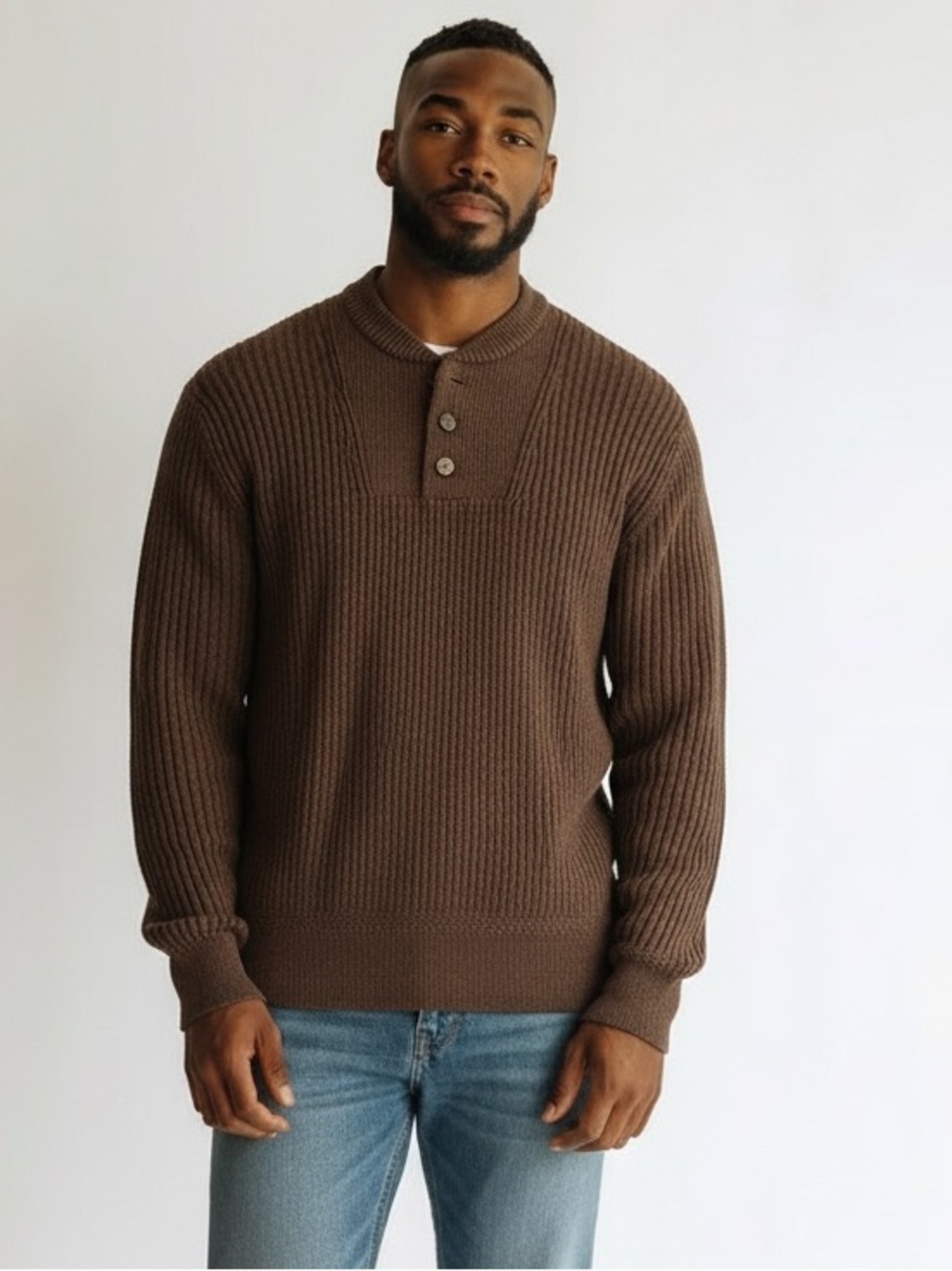 Eddie Bauer 100% Cotton Knit Men's Brown Ribbed Henley Sweater